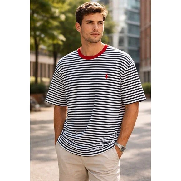 Polo Ralph Lauren NWT T- Shirt Mens XLT Black Striped Classic Fit Crewneck Pony - Picture 2 of 4